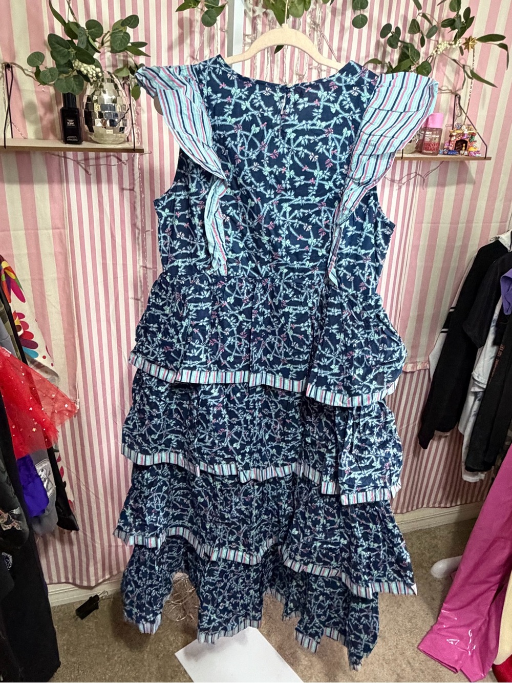 Simply Southern NWT Blue Floral Ribbon π Tiered Ruffle Dress L B 38β - Picture 4 of 4
